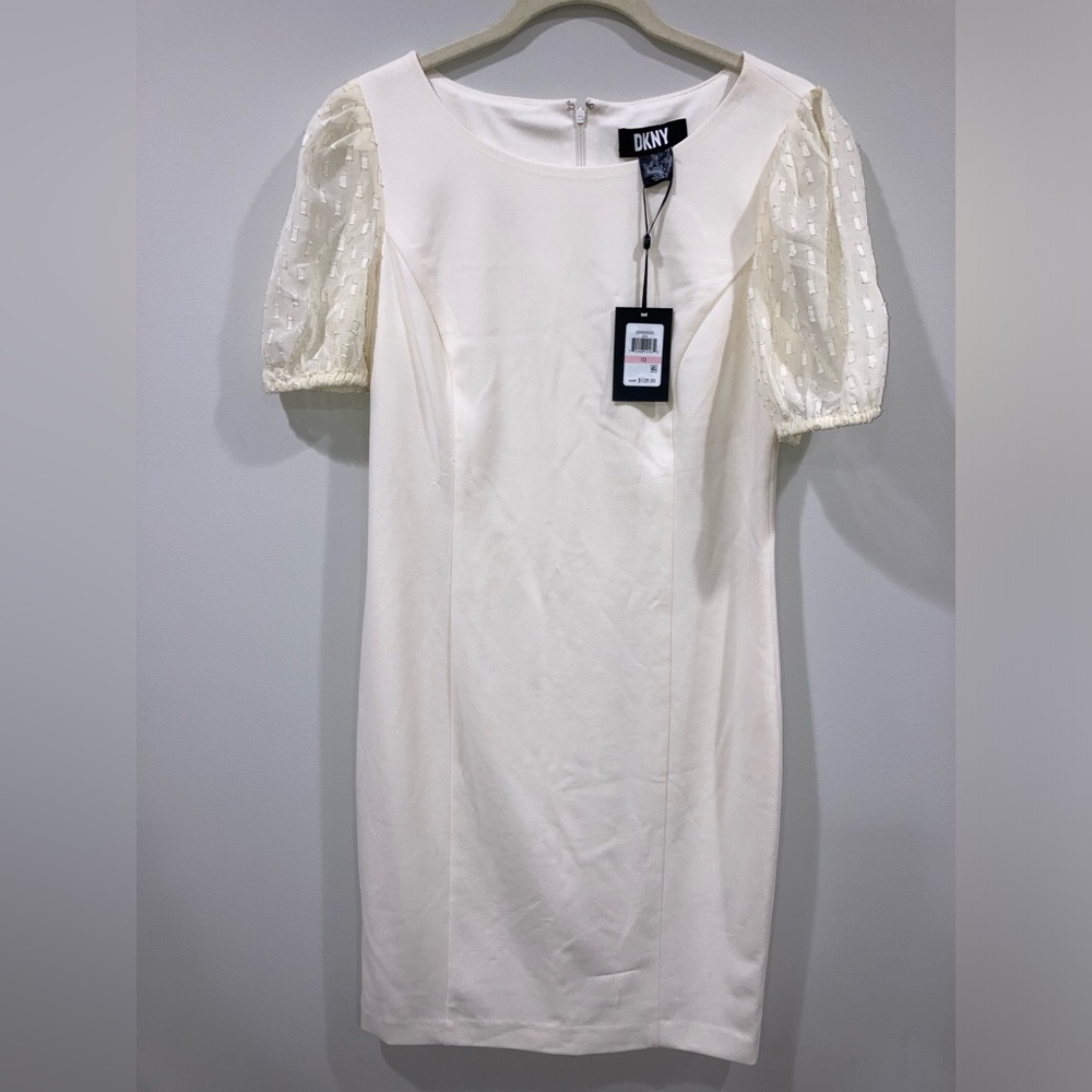 NWT DKNY Off White Midi Dress with Statement Short Sleeves Size 10